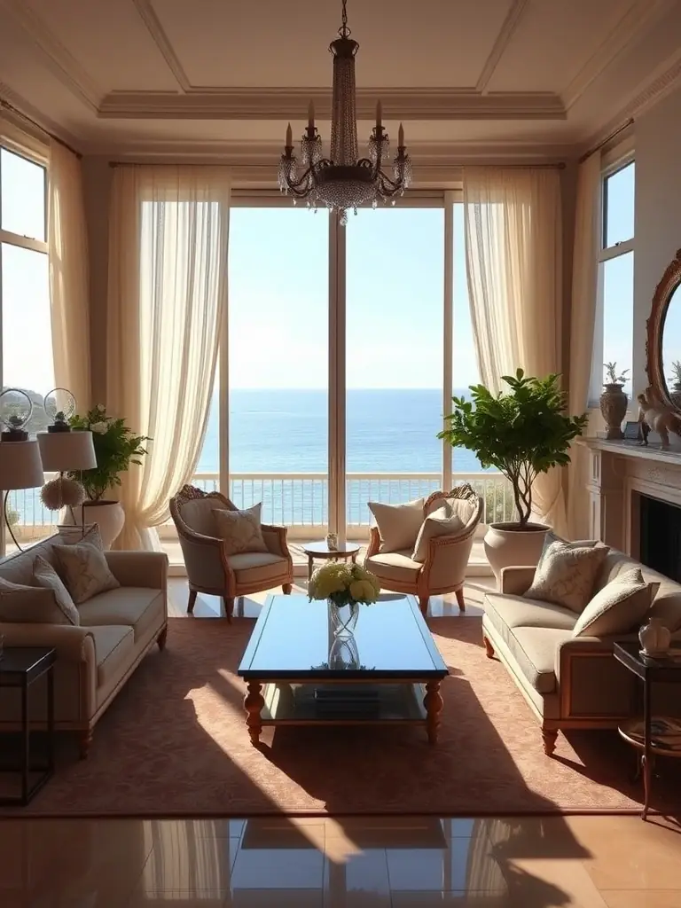 A spacious living room in Can Bruguera, featuring floor-to-ceiling windows with panoramic views of the Mediterranean Sea, comfortable seating, and a minimalist design aesthetic.