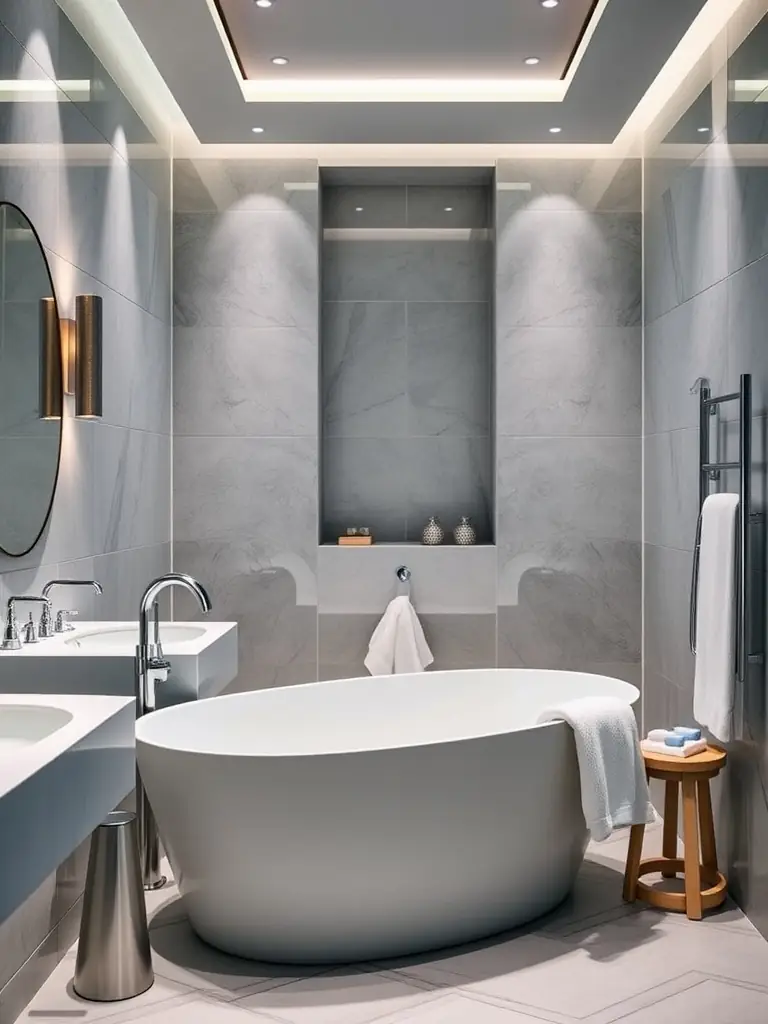 A luxurious bathroom in Can Bruguera, showcasing a freestanding bathtub, a glass-enclosed shower, and elegant tile work, creating a spa-like atmosphere with views of the surrounding mountains.
