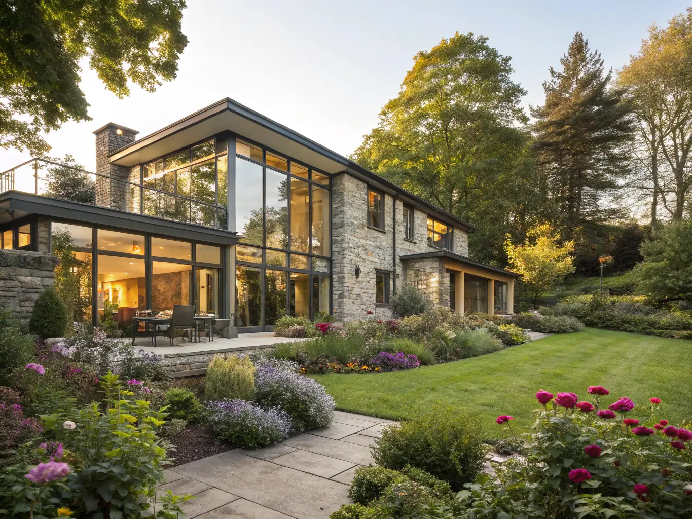 A photograph showcasing the exterior of one of the nine houses with independent garages in Can Bruguera, highlighting its modern design and private garden. The image should convey a sense of luxury and exclusivity.