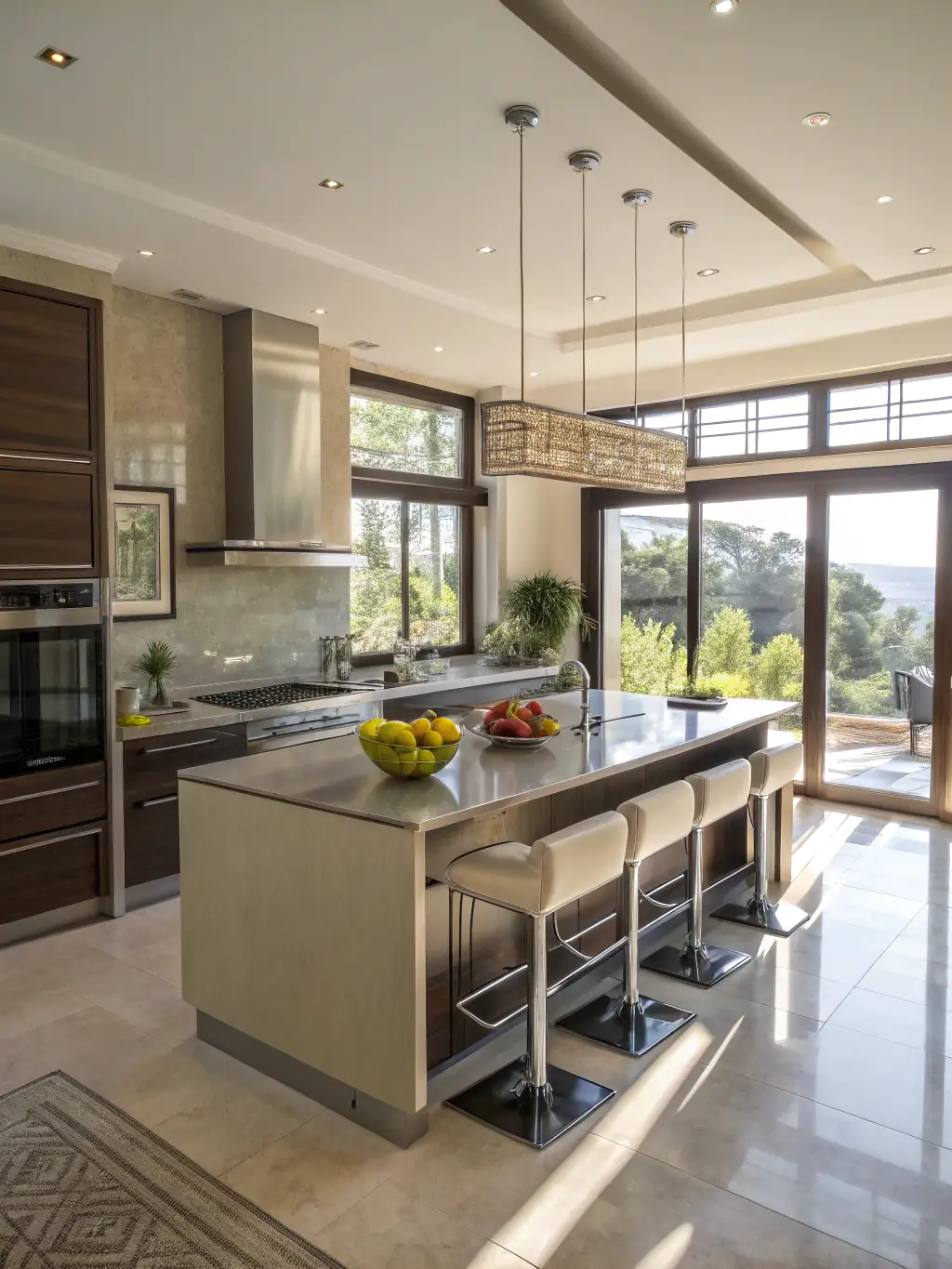 A modern kitchen interior in Can Bruguera, featuring sleek white cabinets, stainless steel appliances, and a large island with bar seating, bathed in natural light from a large window overlooking the Maresme landscape.